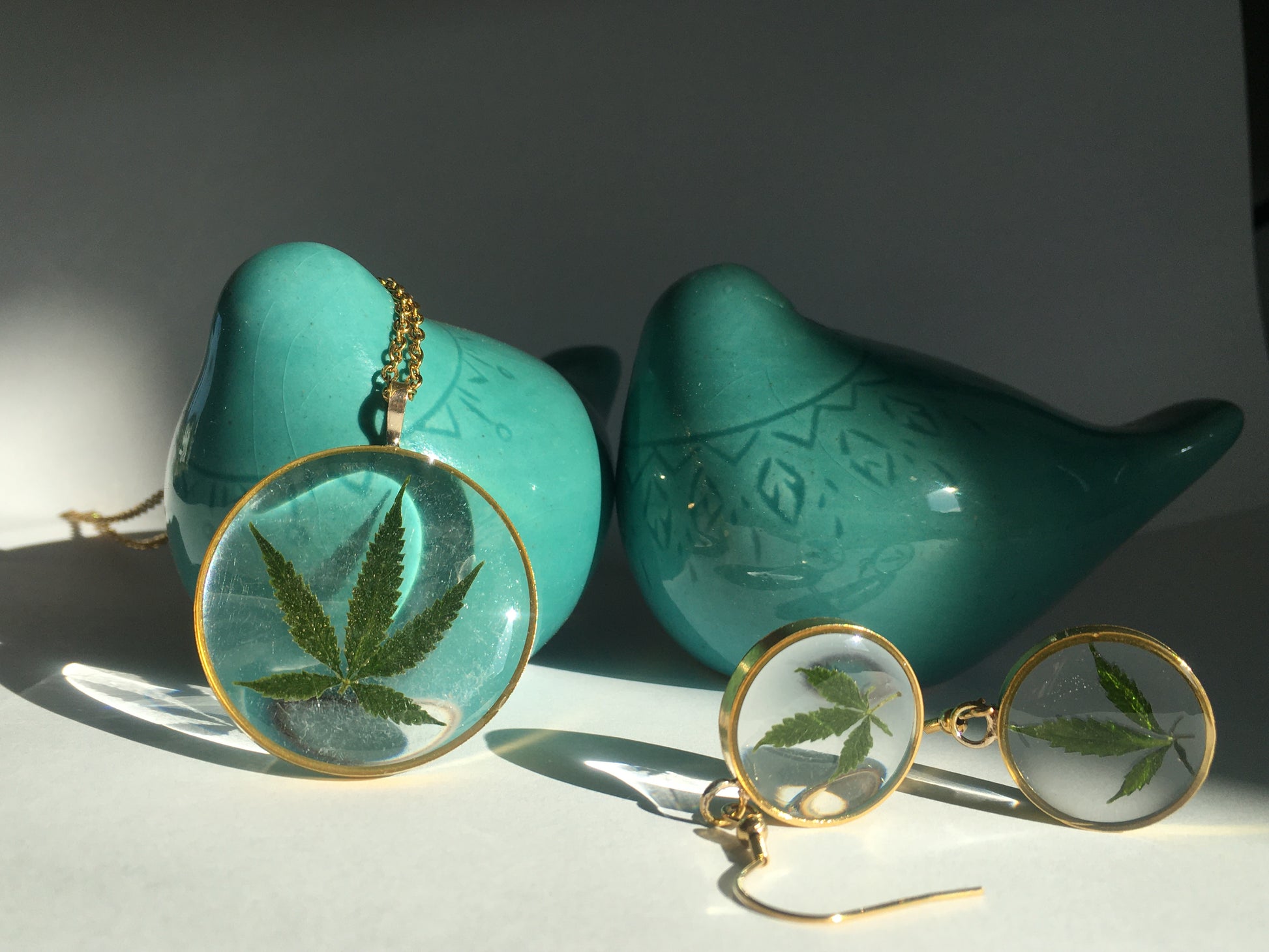 cannabis earrings and necklace  