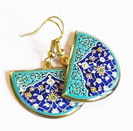 turkish persian pattern turquoise and blue half circle earrings dangle chic trendy brass earrings
