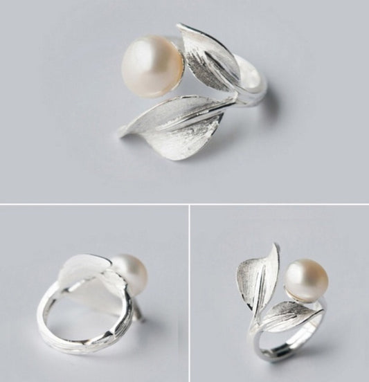 sterling silver pearl leaf spiral adjustable unique ring chic engagement ring  