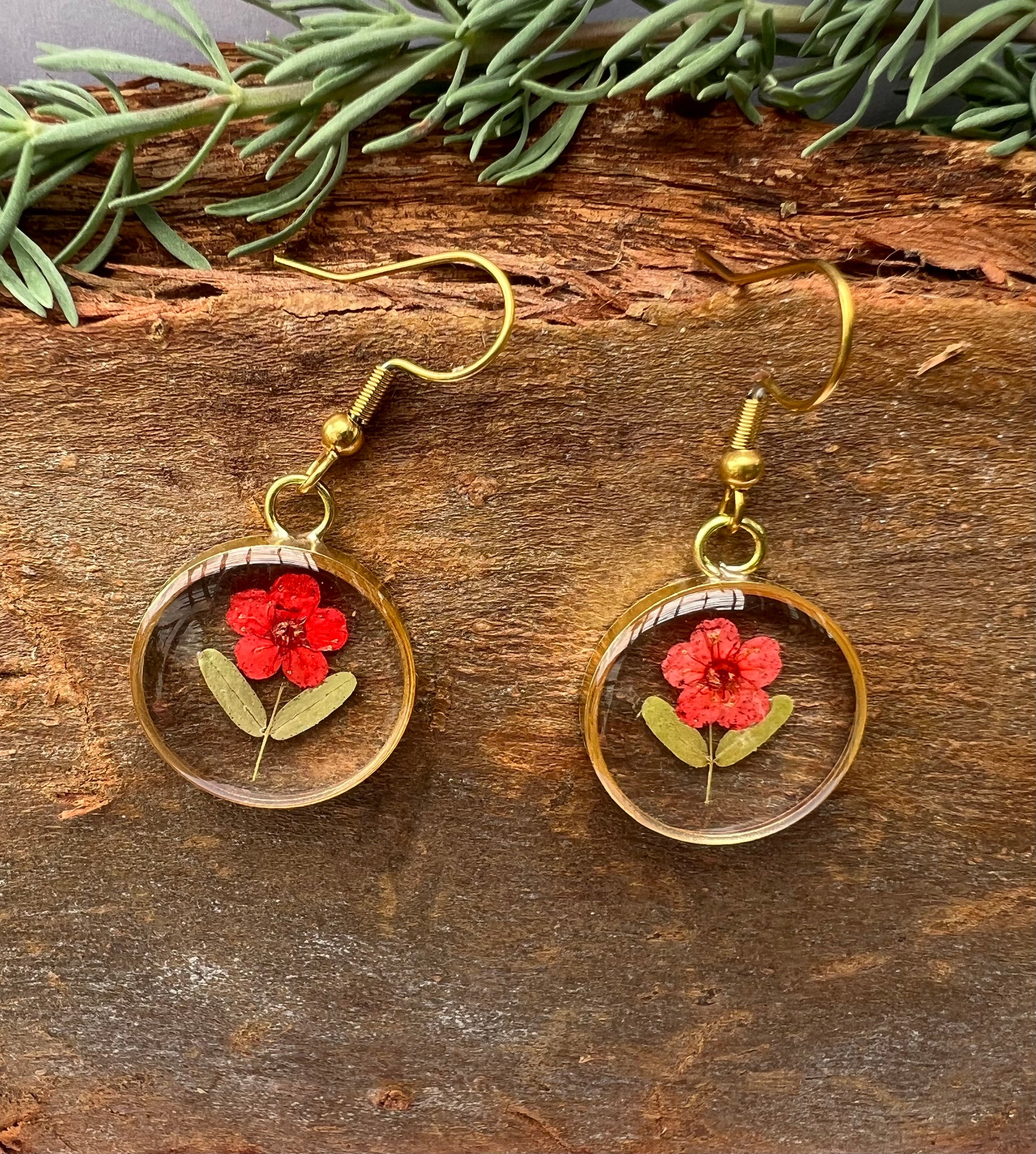 Tiny red pink round frame earrings