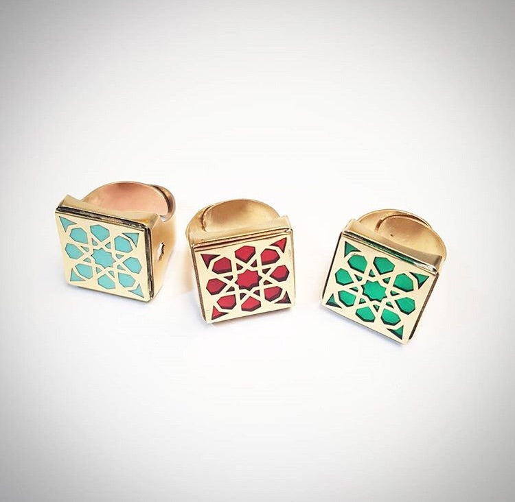 turquoise red green square brass adjustable statement persian turkish pattern ring