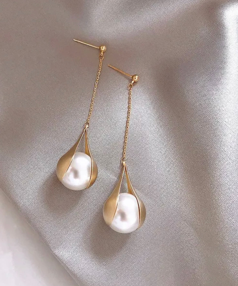 14k Gold plated long tassel pearl earrings