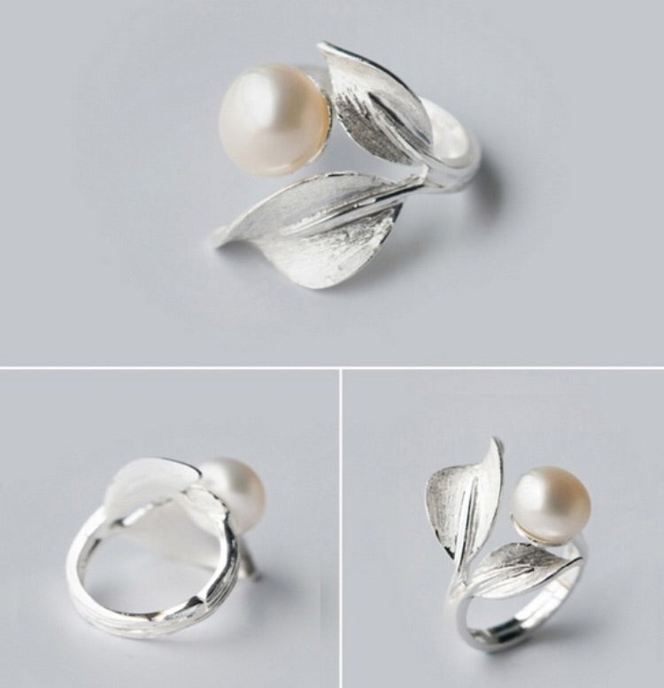 Sterling Silver Plated and Pearl Adjustable Ring