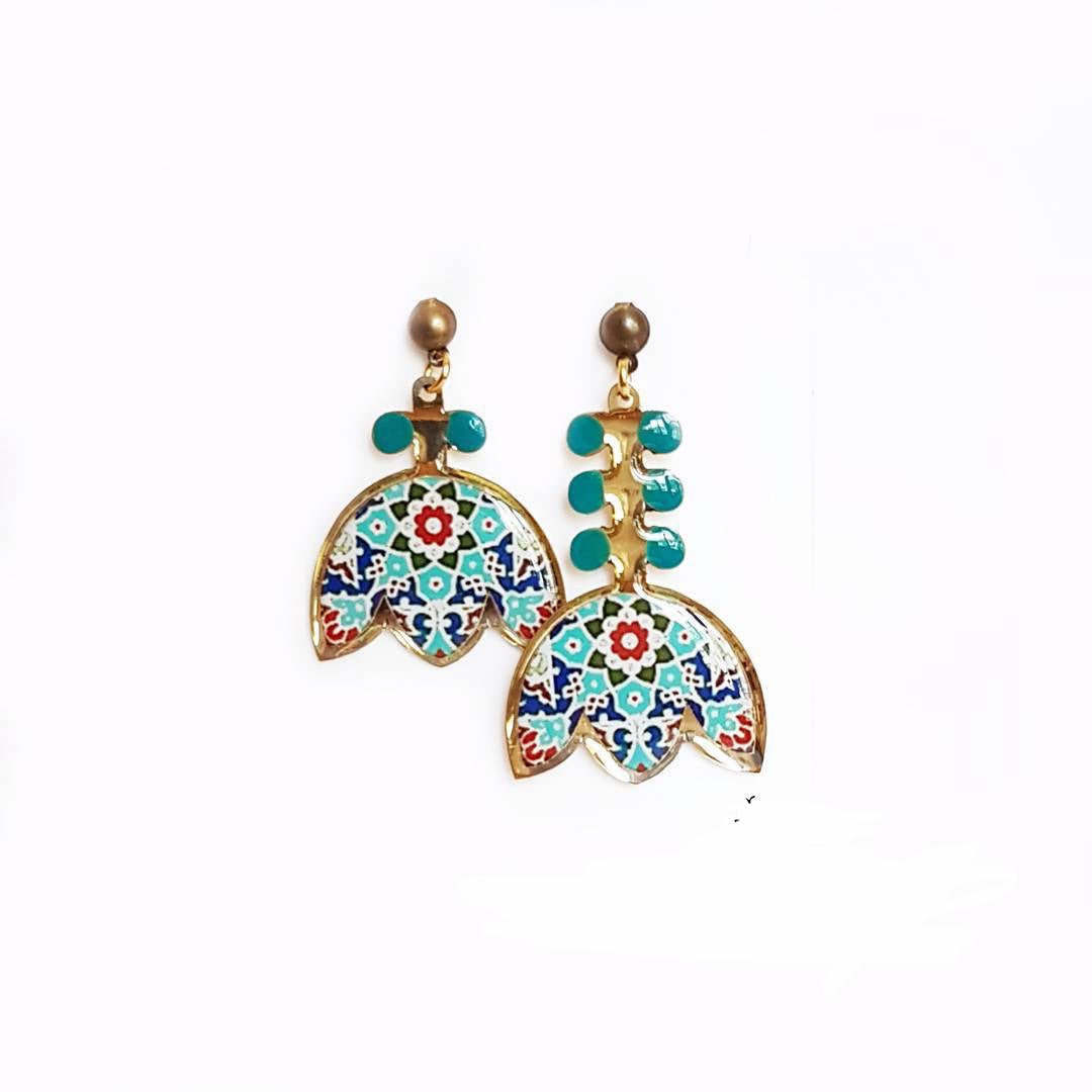 protea tulip asymmetric mismatch blue persian turkish morrocan pattern on brass anti allergy coated stud earrings 