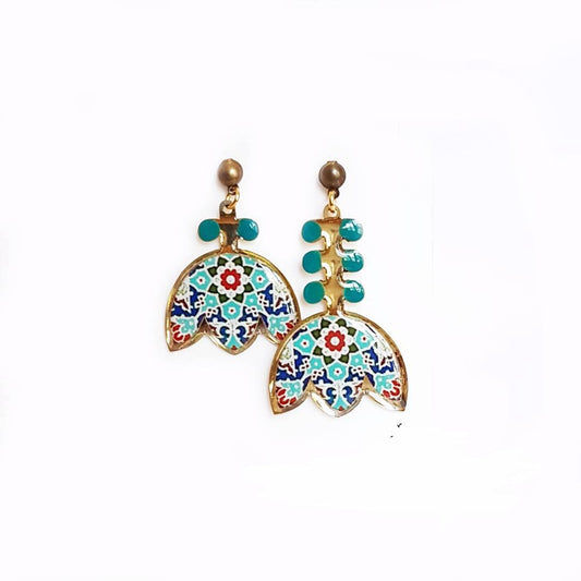 protea tulip asymmetric mismatch blue persian turkish morrocan pattern on brass anti allergy coated stud earrings 