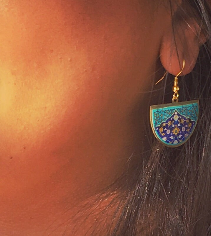 ethnic turkish persian pattern turquoise and blue half circle earrings dangle chic trendy brass earrings