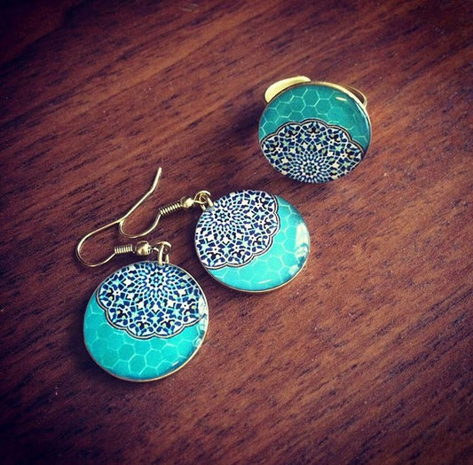 turquoise round brass adjustable statement persian turkish pattern ring and earrings chic 