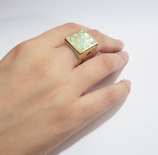 turquoise square brass adjustable statement persian turkish pattern ring