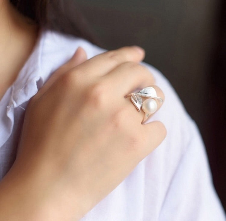 Sterling Silver Plated and Pearl Adjustable Ring