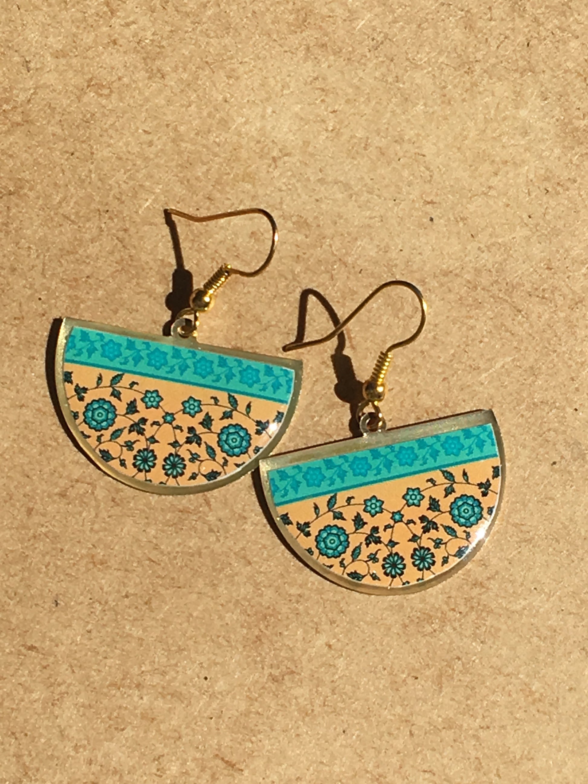 turkish persian pattern turquoise and blue and yellow gold half circle earrings dangle chic trendy brass earrings