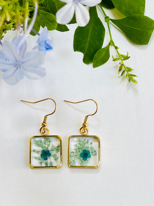 Soft Green Fynbos Blast and tiny blue Square Shape Resin Jewellery