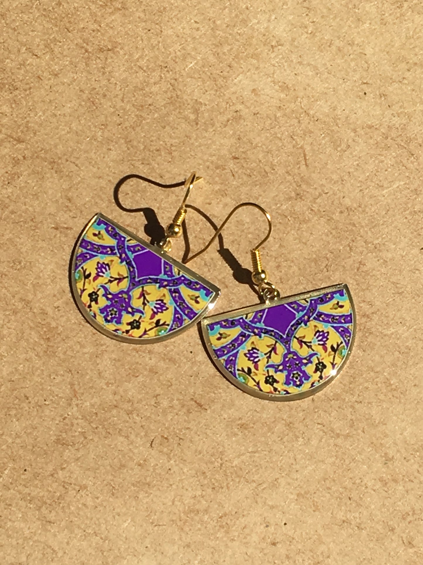 turkish persian pattern yellow and purple half circle earrings dangle chic trendy brass earrings