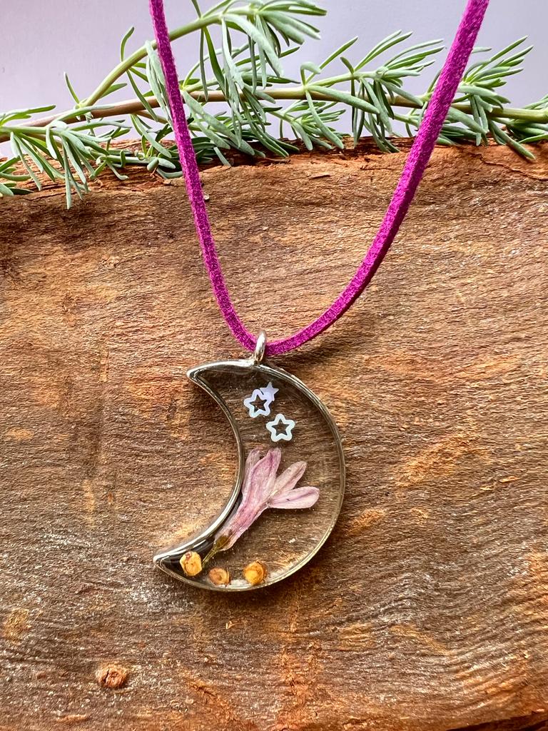 Moon shape fynbos flower resin necklace unisex for her earthy 