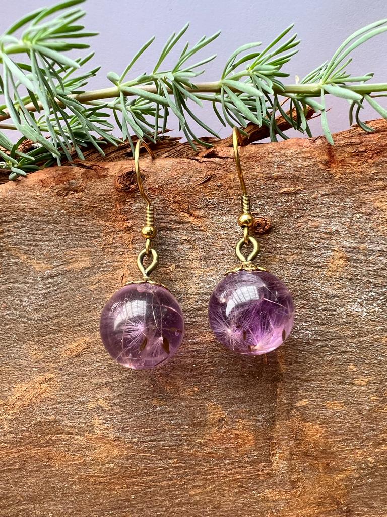 Tiny real dandelion dream earrings in purple ball